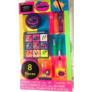 NEON CITY 8 pc Cosmetic Set Eye Shadows Nail Polish Lip Balm Body Shimmer HB053